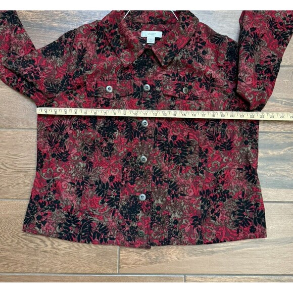 CJ Banks Women's PLUS SIZE 1X Black Maroon Floral Suede Cloth Button Up Jacket - Picture 2 of 5